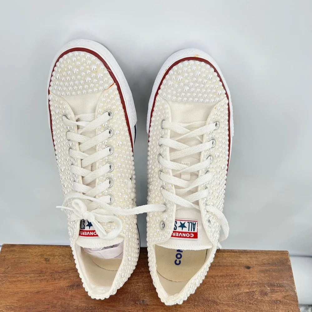 Converse All Star Pearl Embellished Low  Sneakers Ivory Bridal‎ Shoes Womens 8.5